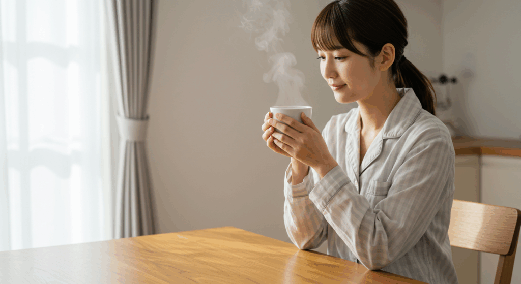 朝に白湯を飲む習慣を実践する女性