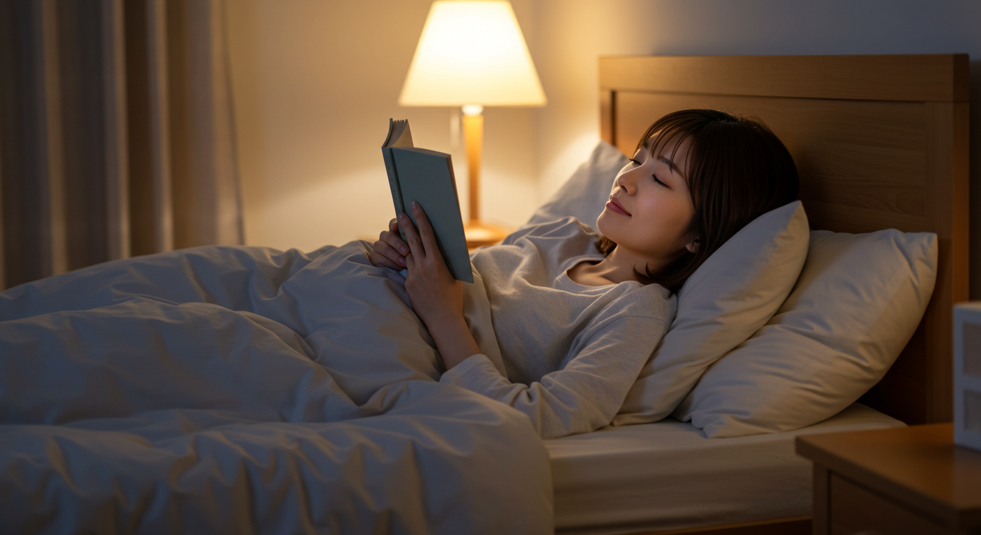 夜の寝室でリラックスして快眠の準備をする女性