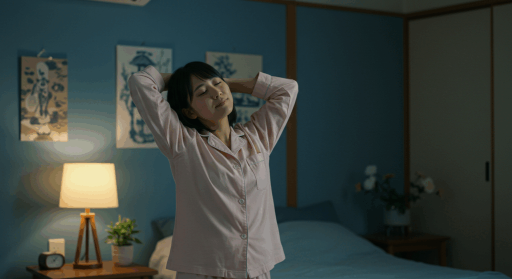 夜寝る前に首と肩をやさしく伸ばしている女性