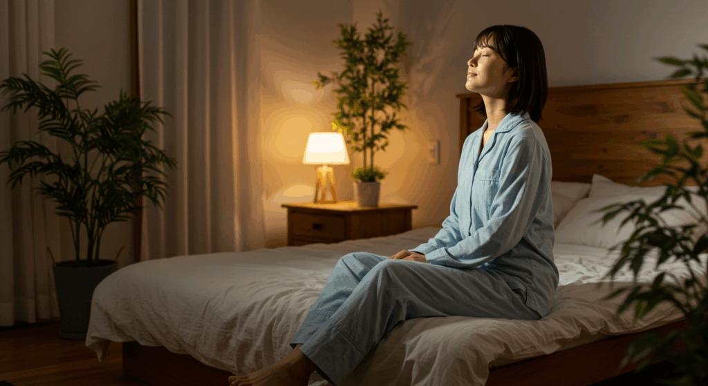 夜の寝室で深呼吸をする女性のイメージ画像