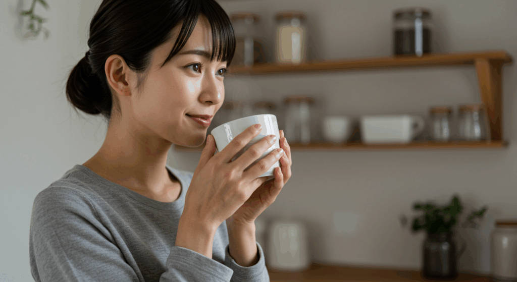 白湯を飲む夜のセルフケアをする女性のイメージ