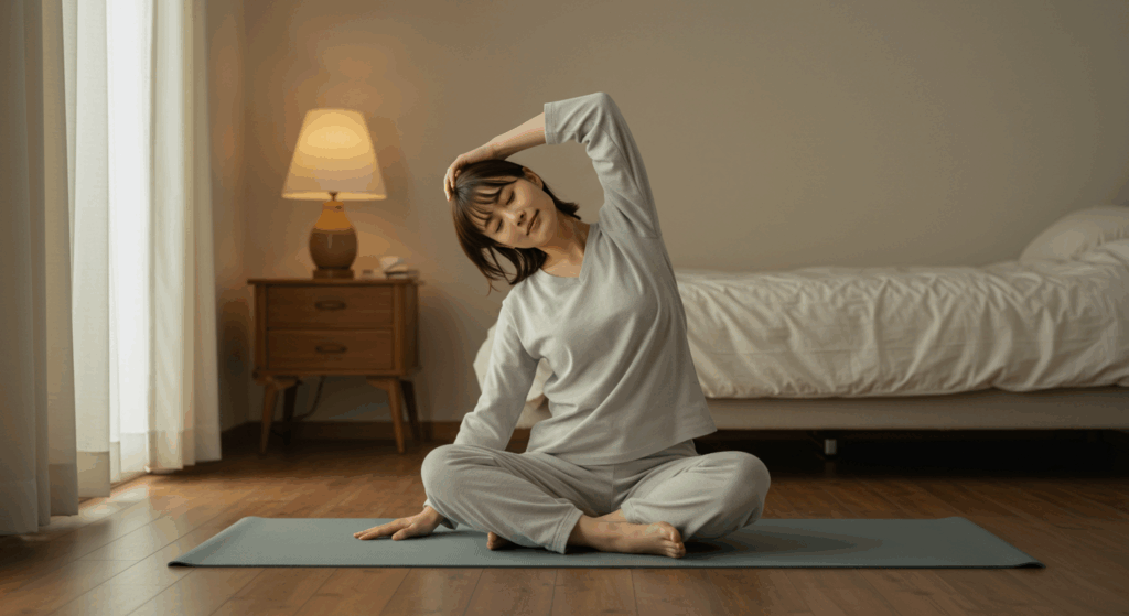 寝る前にストレッチをしている女性の様子