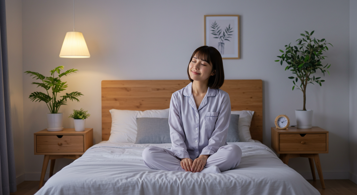 夜の寝室でリラックスして座る女性の様子。快眠ルーティンのイメージ。