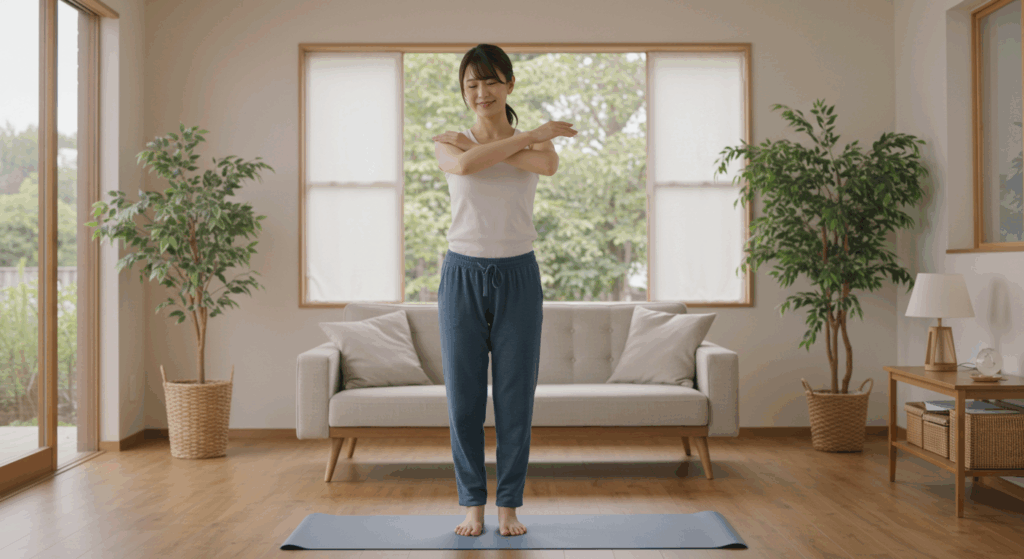 明るい部屋で腕をふりふりとゆらして体をほぐしている30代女性のセルフケアイメージ