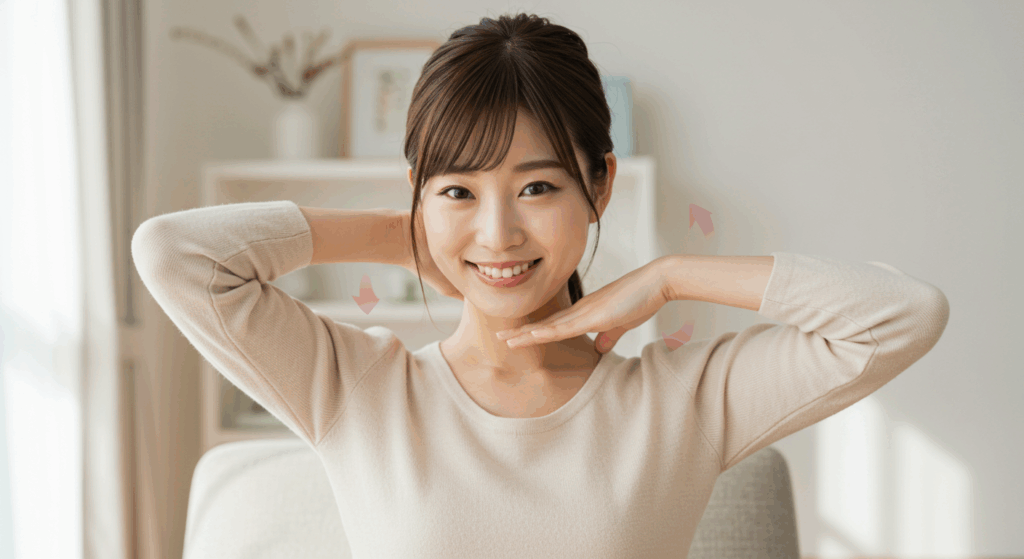 椅子に座り、肩に手を置いて肩甲骨を回す30代女性。夕方のリフレッシュ習慣の様子
