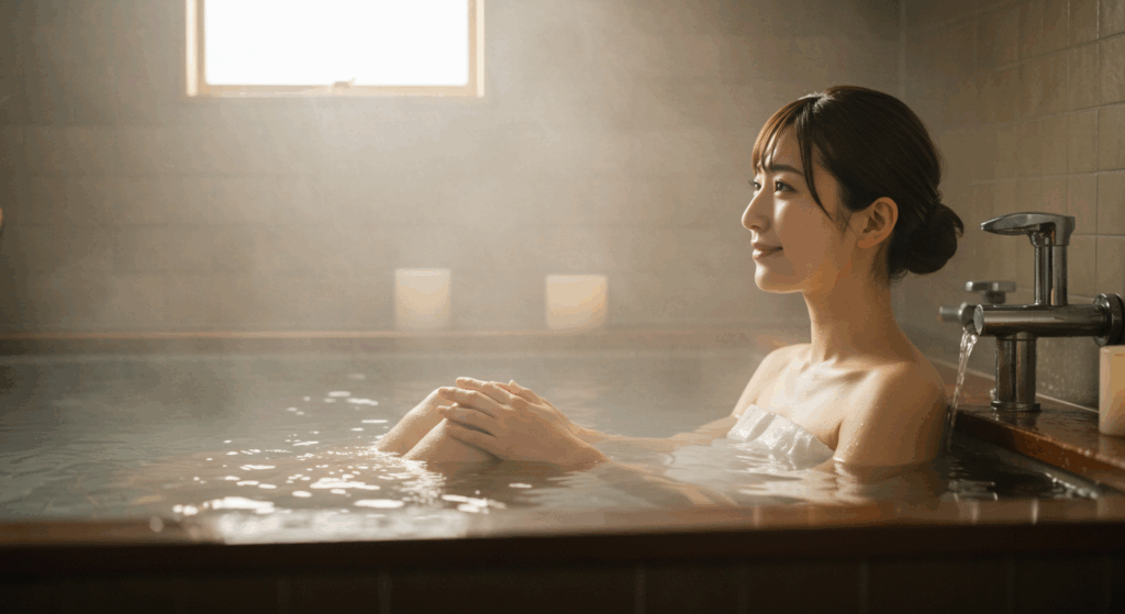 ぬるめのお風呂にゆったりと浸かり、1日の疲れを癒す30代女性