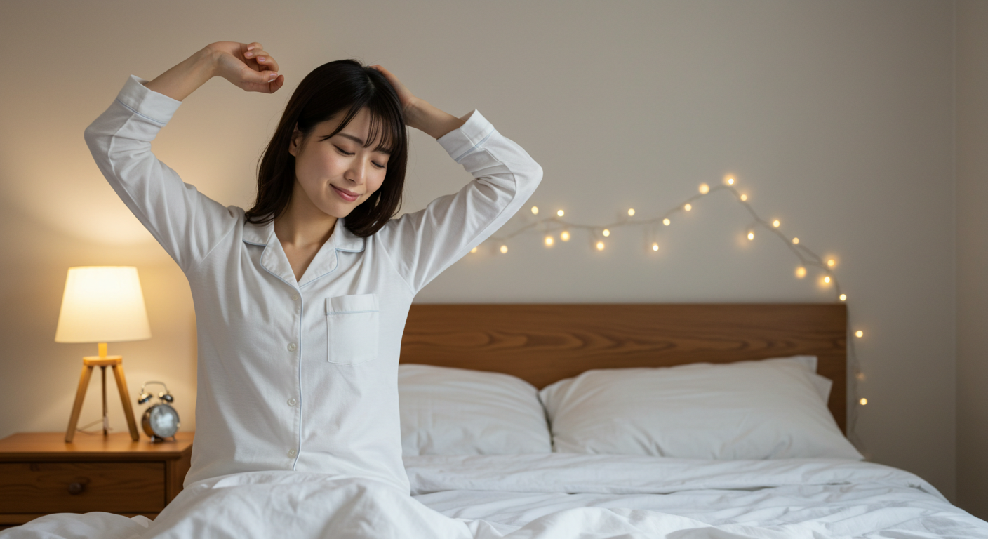 夜のセルフケア習慣で寝つきを整える30代女性のイメージ