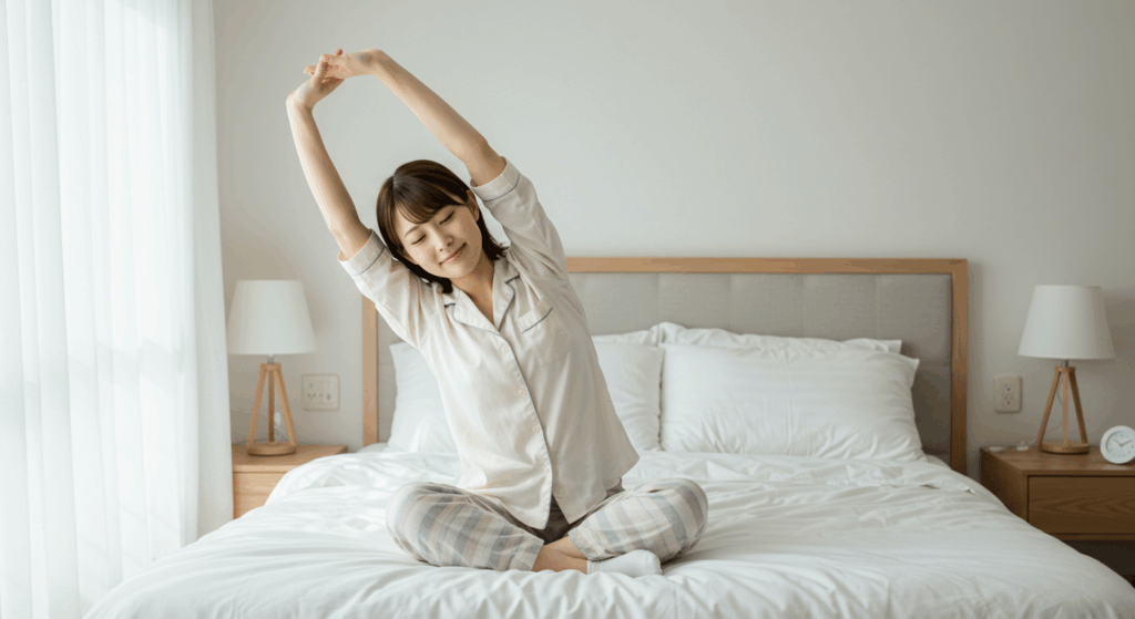 起床後にベッドの上で伸びをする30代女性のストレッチ習慣