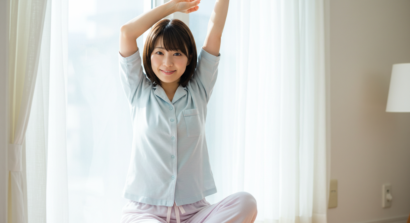 朝日を浴びながらストレッチする30代女性の目覚めのセルフケア