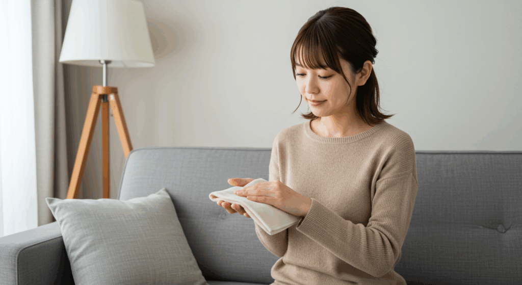 温かいタオルで手のひらを包む30代女性