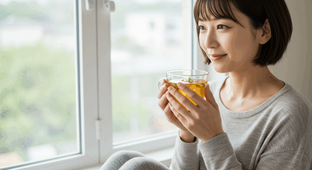 紅茶を飲みながら静かに微笑む30代女性