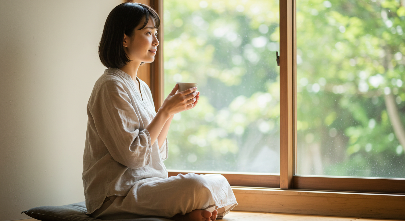 お茶を片手に静かに窓の外を見つめる30代女性