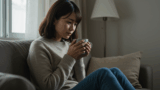 ソファに座って温かい飲み物を持ちながら静かに過ごす女性