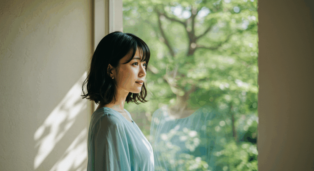 窓の外を見つめて目を休める女性