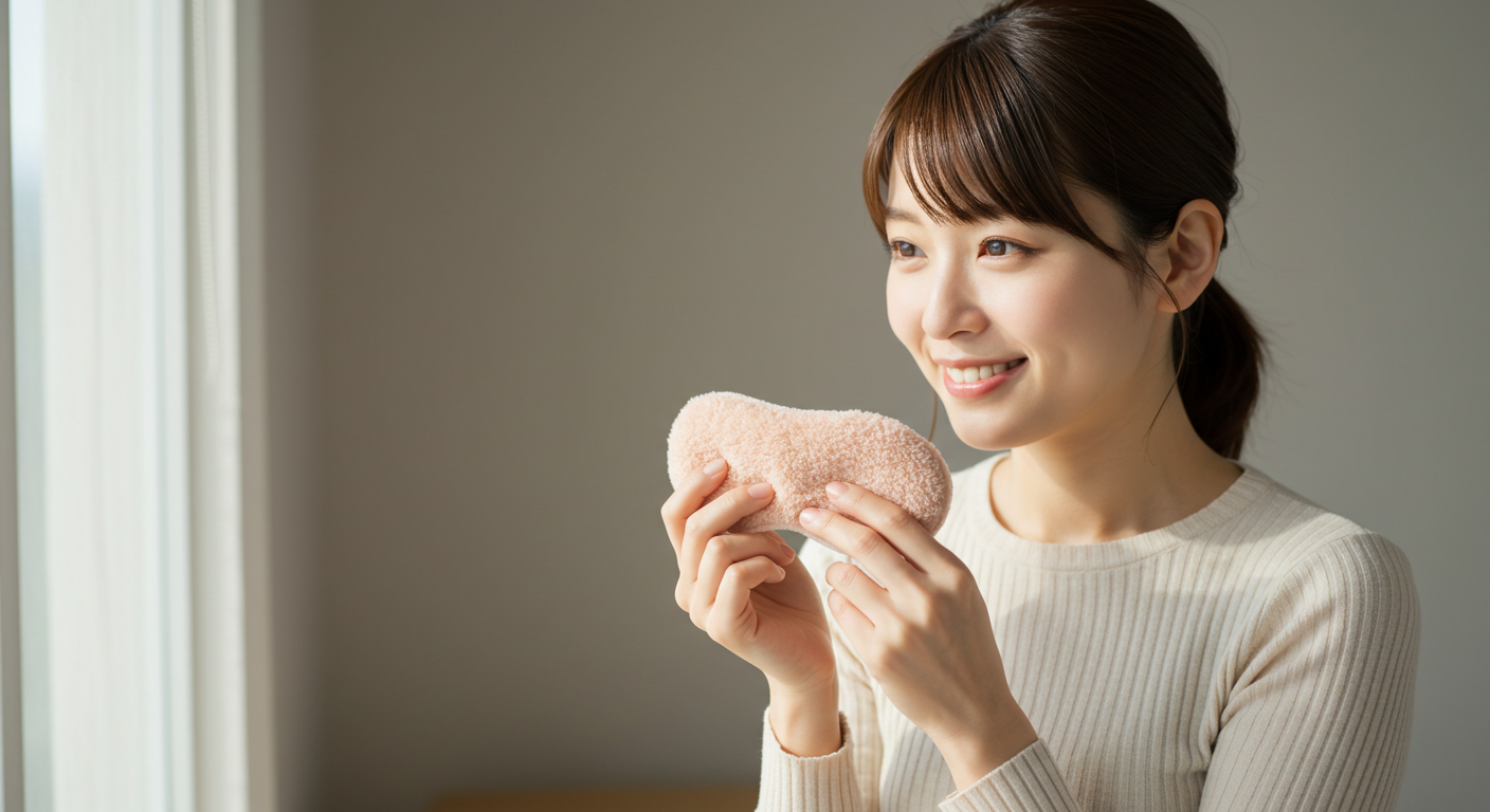 アイマスクを持って微笑む女性の快適なひととき