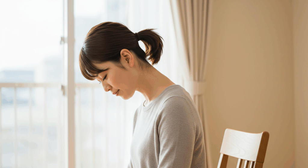 椅子に座ってゆっくり吐く呼吸を意識する女性