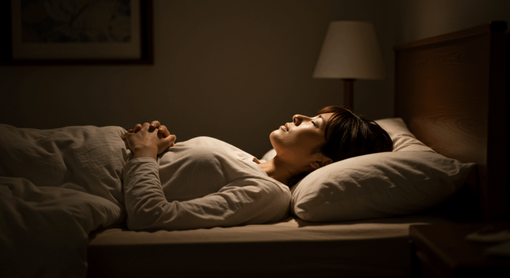 呼吸に意識を向けながら眠ろうとする女性のイメージ