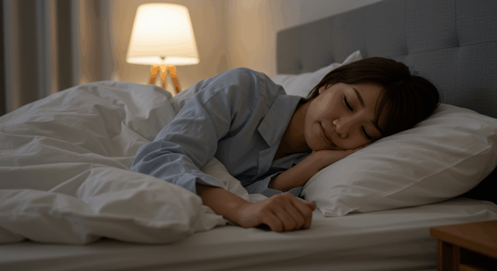手足をゆるくグーパーして眠りの準備をする女性