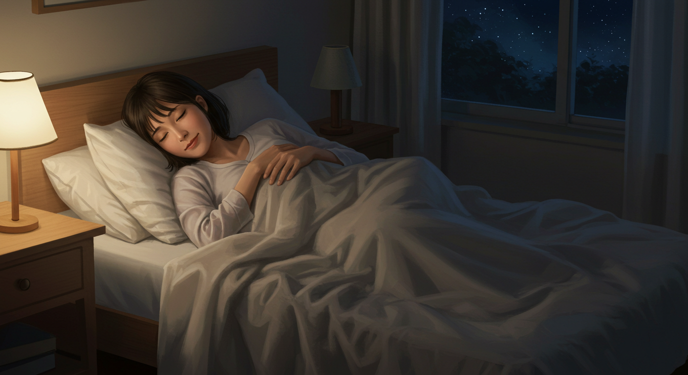 安心感で眠りにつく女性の快眠セルフケアイメージ